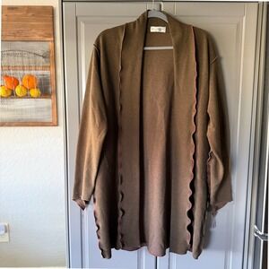 Ellen Hauptli Lagenlook Open Front Wavy Trim Long Sweater, Brown Pink, OS